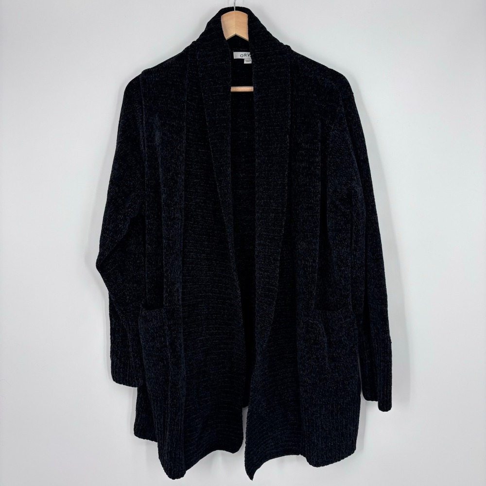 Orvis Chenille Open Front Shawl Collar Cardigan Sweater Women XXL Black Pockets